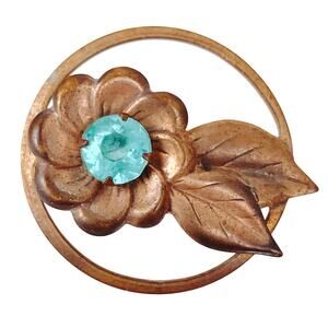 VTG Gold Tone Floral Brooch with Blue Rhinestone Mid Century 1930s 40s Jewelry